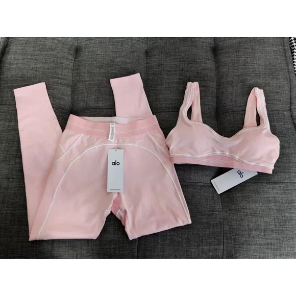 ALO Yoga Women's Blush Pink Sports Bra And Pants Set